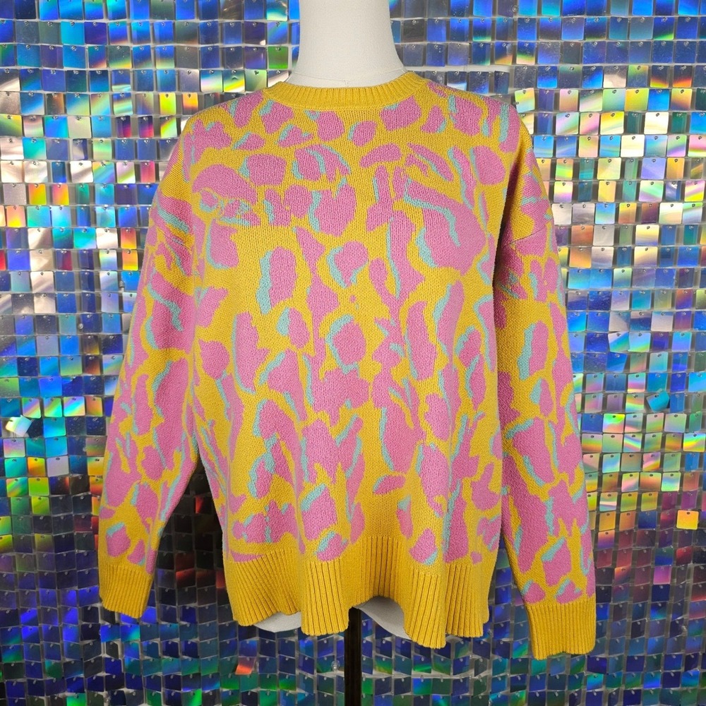 Abstract Animal Print Sweater Womens M Bright Yellow Pink Knit Giraffe Dopamine - Picture 3 of 8